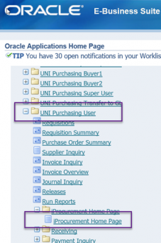 UNI Purchasing User to iProcurement Home Page 