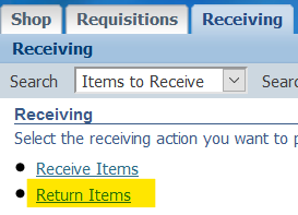 Select Receiving and click Return Items